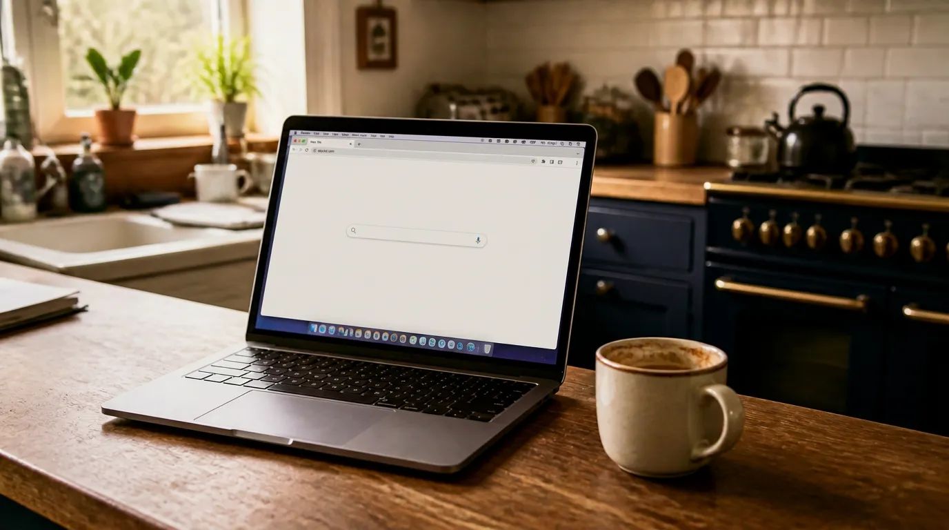A laptop open on a kitchen counter, mid-search, in a quiet house.